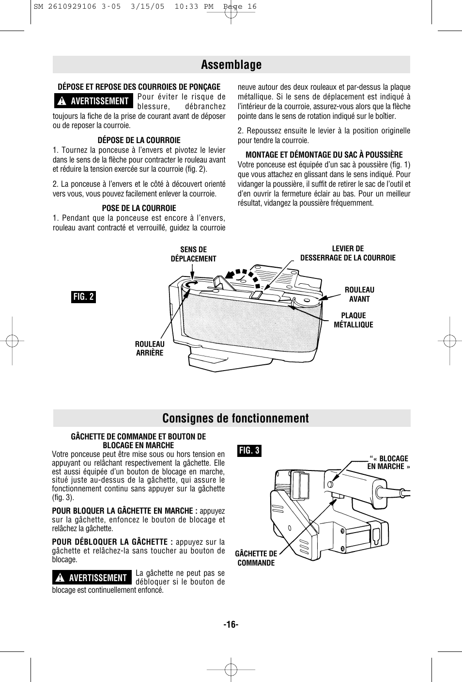 Assemblage, Consignes de fonctionnement | Porter-Cable 7313 User Manual | Page 16 / 32