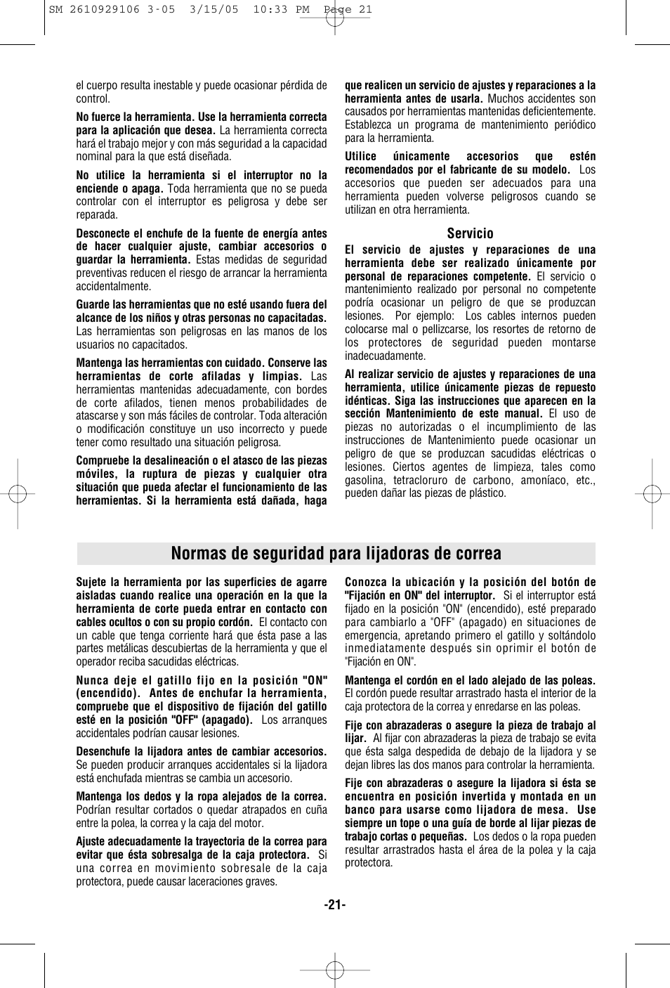 Normas de seguridad para lijadoras de correa | Porter-Cable 7313 User Manual | Page 21 / 32