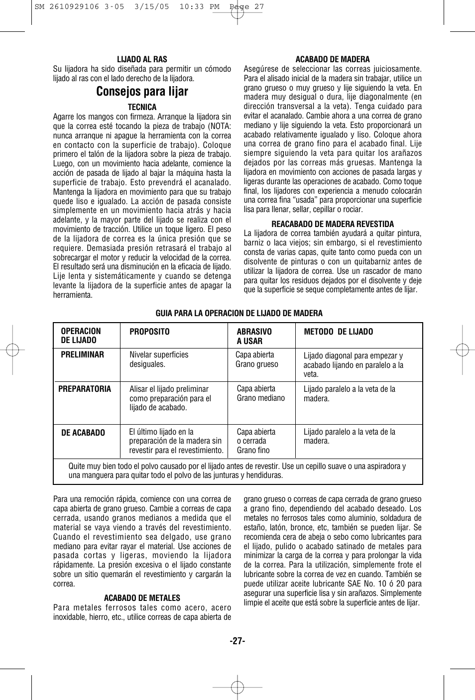 Consejos para lijar | Porter-Cable 7313 User Manual | Page 27 / 32