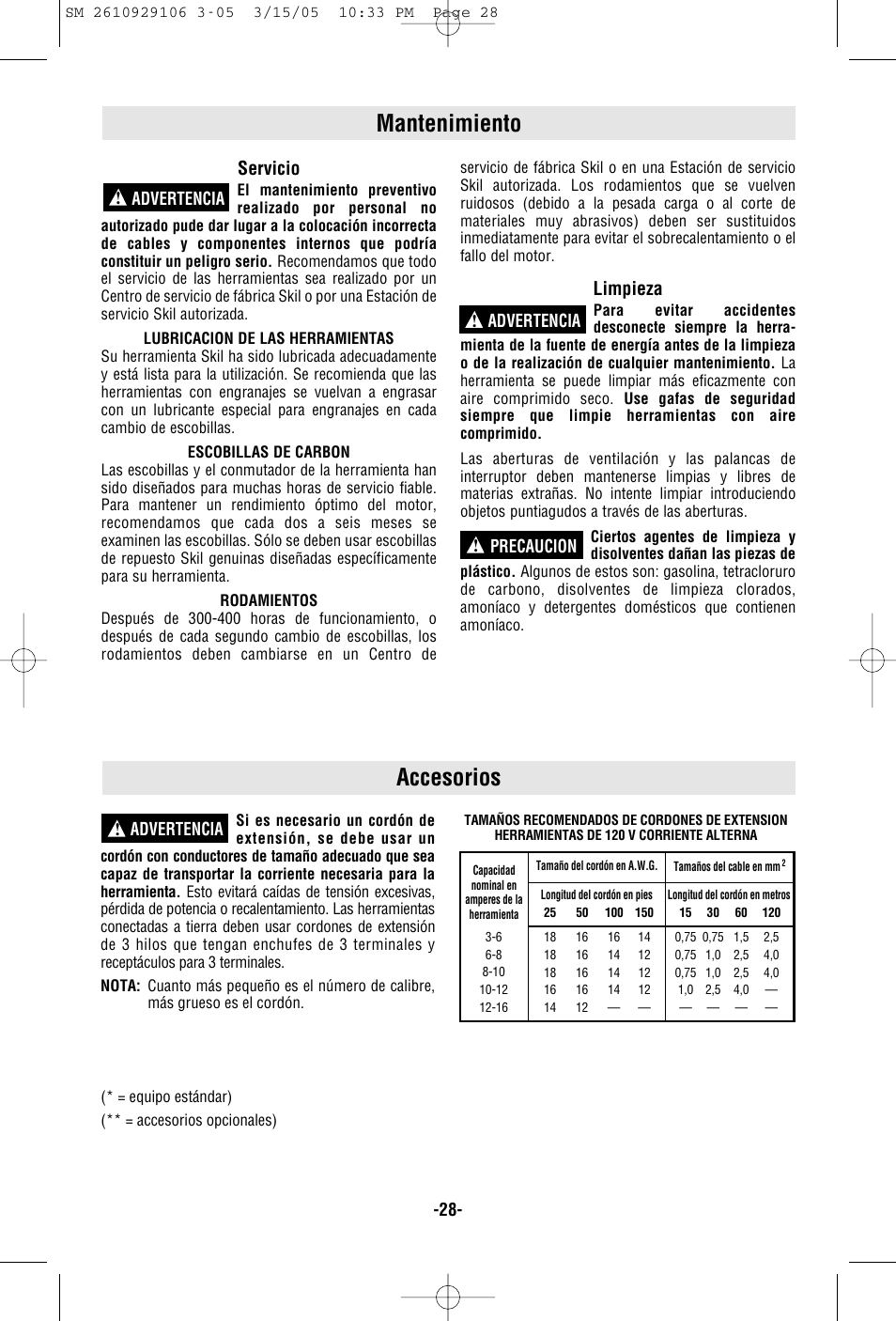 Mantenimiento, Accesorios, Servicio | Limpieza, Advertencia ! advertencia ! precaucion, Advertencia | Porter-Cable 7313 User Manual | Page 28 / 32