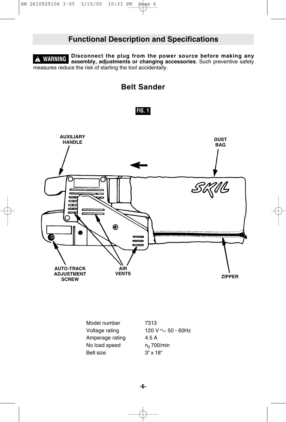 Functional description and specifications, Belt sander | Porter-Cable 7313 User Manual | Page 6 / 32