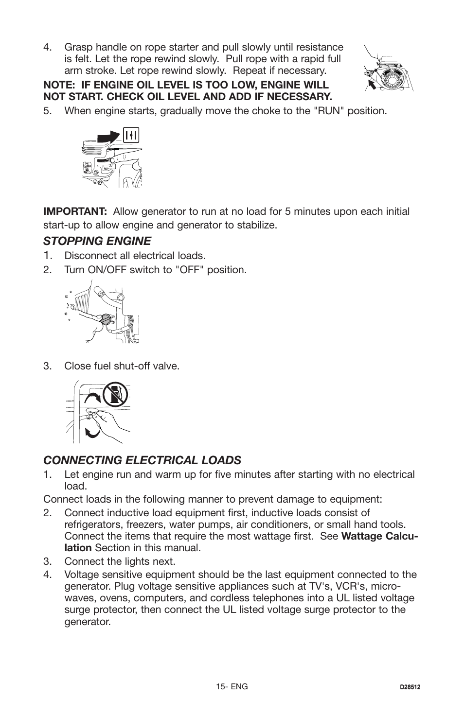 Connecting electrical loads, Stopping engine 1 | Porter-Cable H450IS User Manual | Page 15 / 24