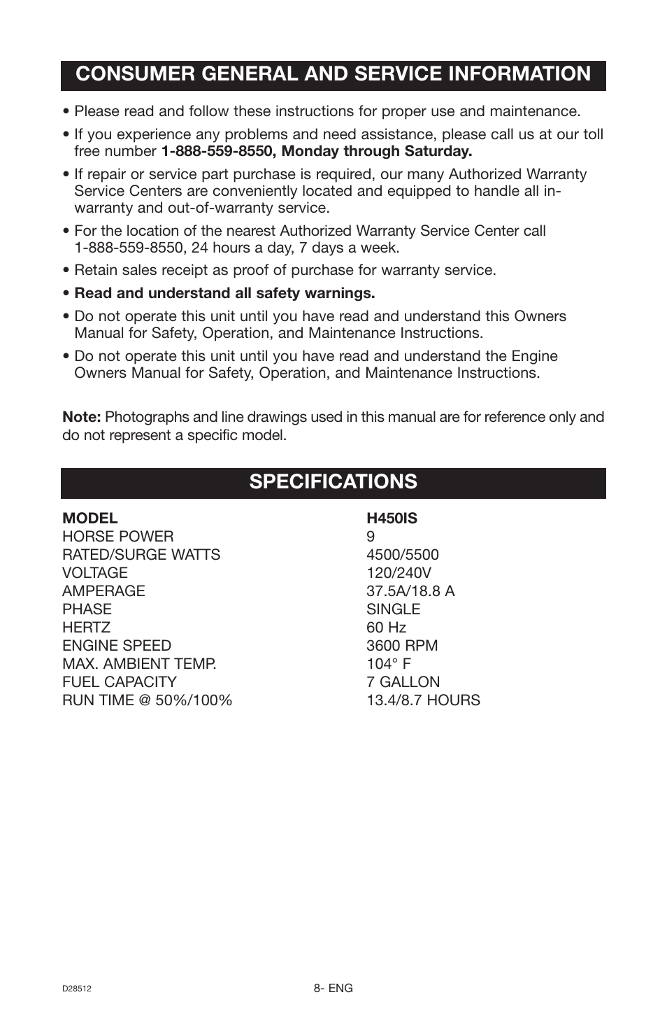 Specifications, Consumer general and service information | Porter-Cable H450IS User Manual | Page 8 / 24