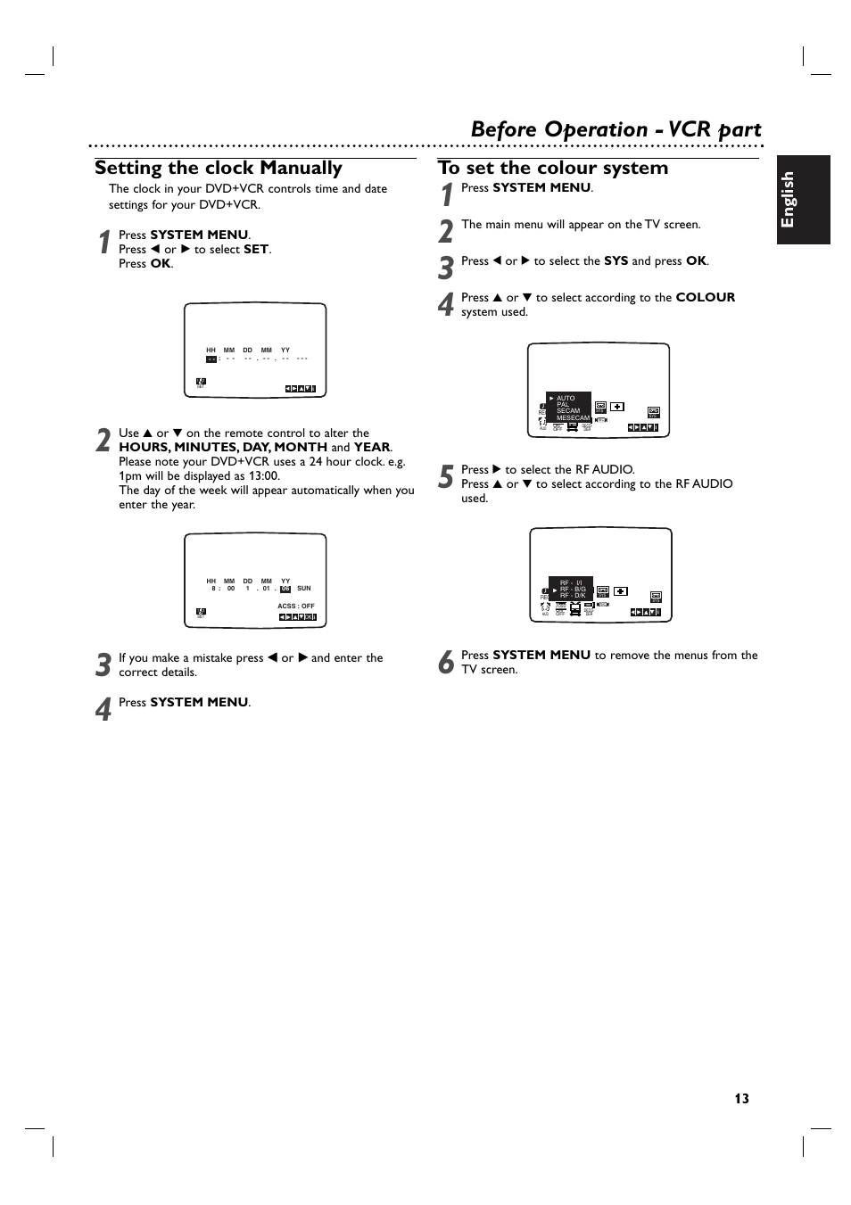 Before operation - vcr part, Setting the clock manually, English | Press system menu, The main menu will appear on the tv screen, Press 1 or 2 to select the sys and press ok | Porter-Cable DVP 3100V User Manual | Page 13 / 40