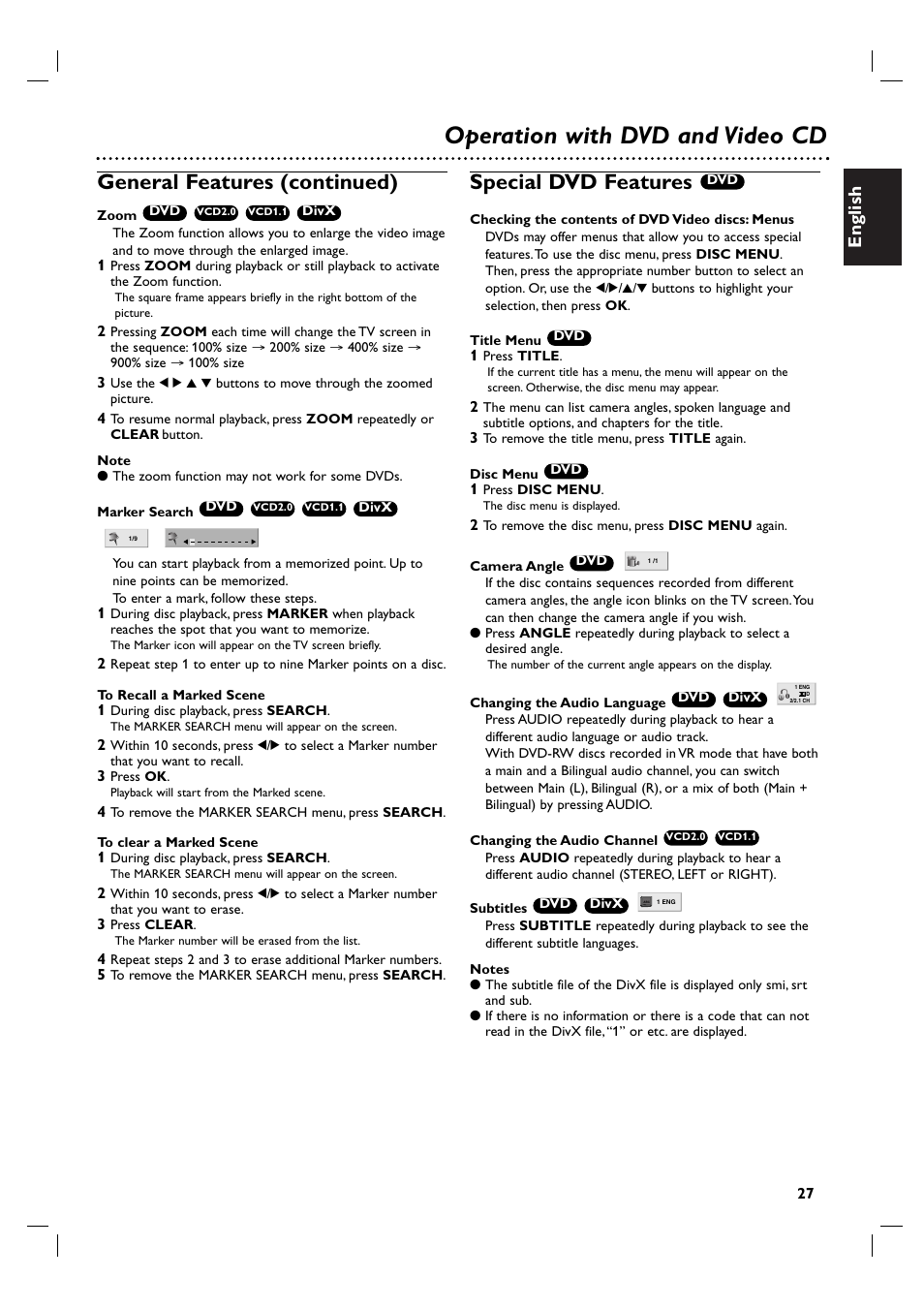 Operation with dvd and video cd, General features (continued), Special dvd features | English | Porter-Cable DVP 3100V User Manual | Page 27 / 40