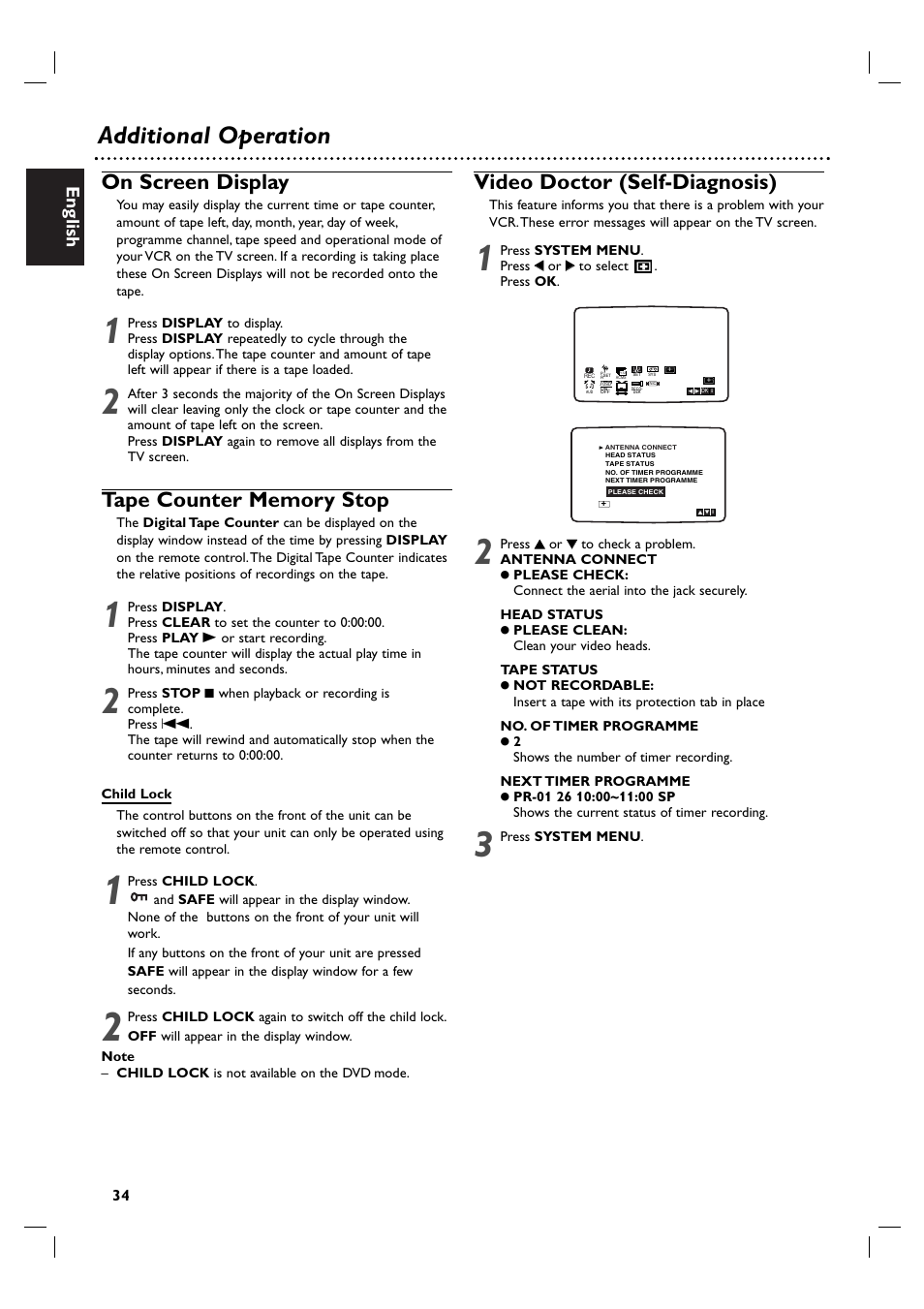 Additional operation, On screen display, Video doctor (self-diagnosis) | English | Porter-Cable DVP 3100V User Manual | Page 34 / 40