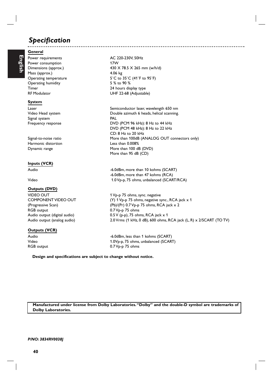 Specification, English | Porter-Cable DVP 3100V User Manual | Page 40 / 40