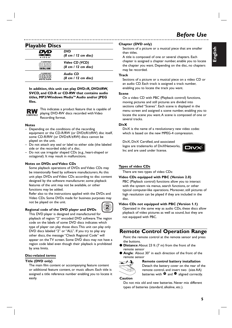 Before use, Playable discs, Remote control operation range | English | Porter-Cable DVP 3100V User Manual | Page 5 / 40