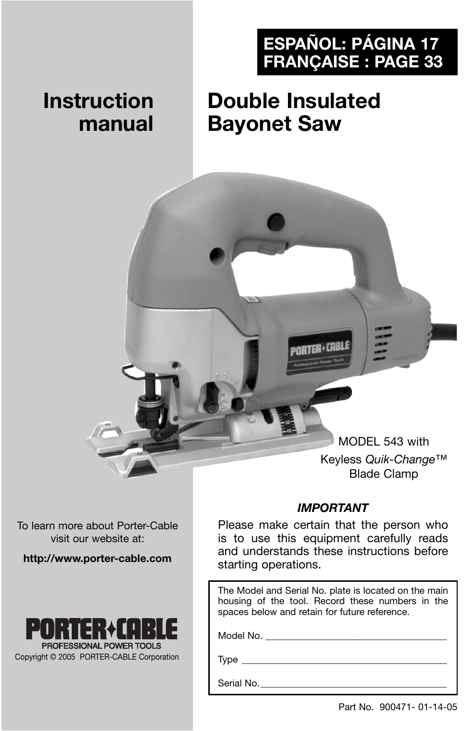Porter-Cable Model 543 User Manual | 17 pages