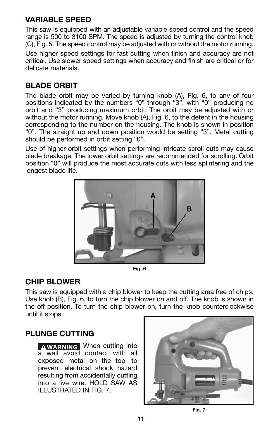 Variable speed, Blade orbit, Chip blower | Plunge cutting | Porter-Cable Model 543 User Manual | Page 11 / 17