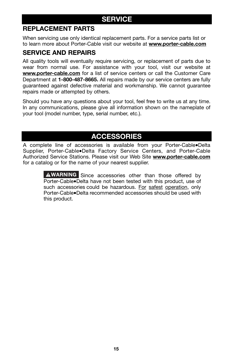 Accessories, Service, Replacement parts | Service and repairs | Porter-Cable Model 543 User Manual | Page 15 / 17