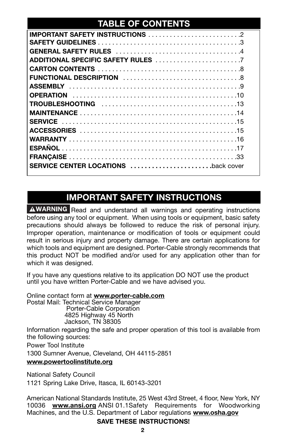 Table of contents important safety instructions | Porter-Cable Model 543 User Manual | Page 2 / 17