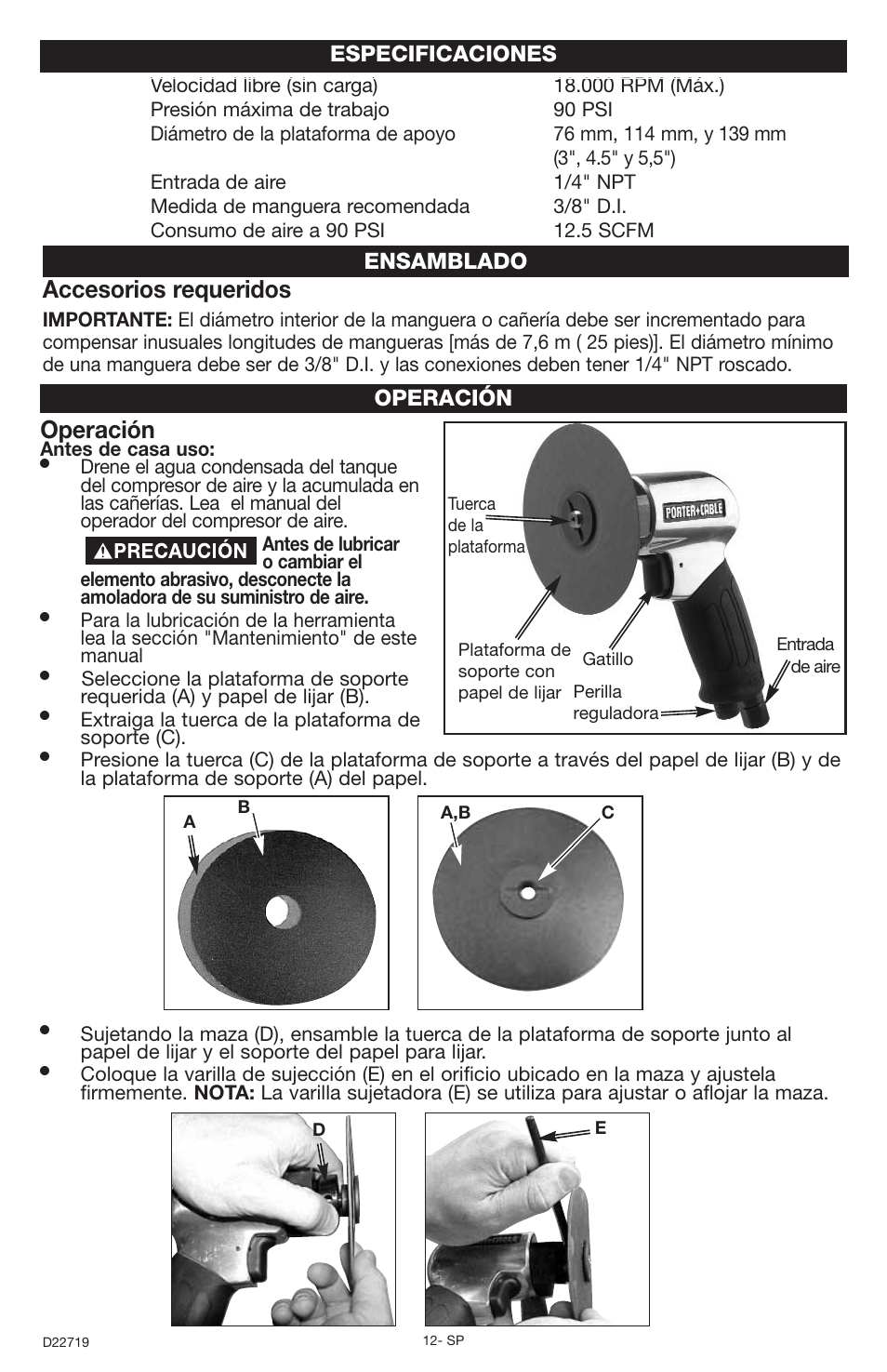 Accesorios requeridos, Operación, Operación especificaciones | Ensamblado | Porter-Cable PTS2 User Manual | Page 12 / 24