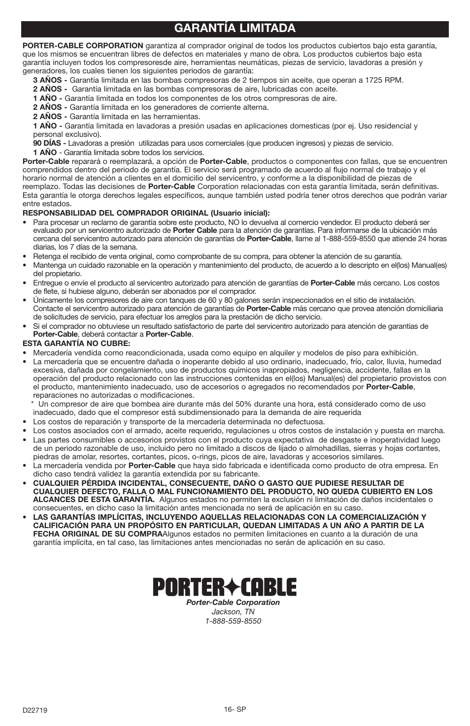 Garantía limitada | Porter-Cable PTS2 User Manual | Page 16 / 24