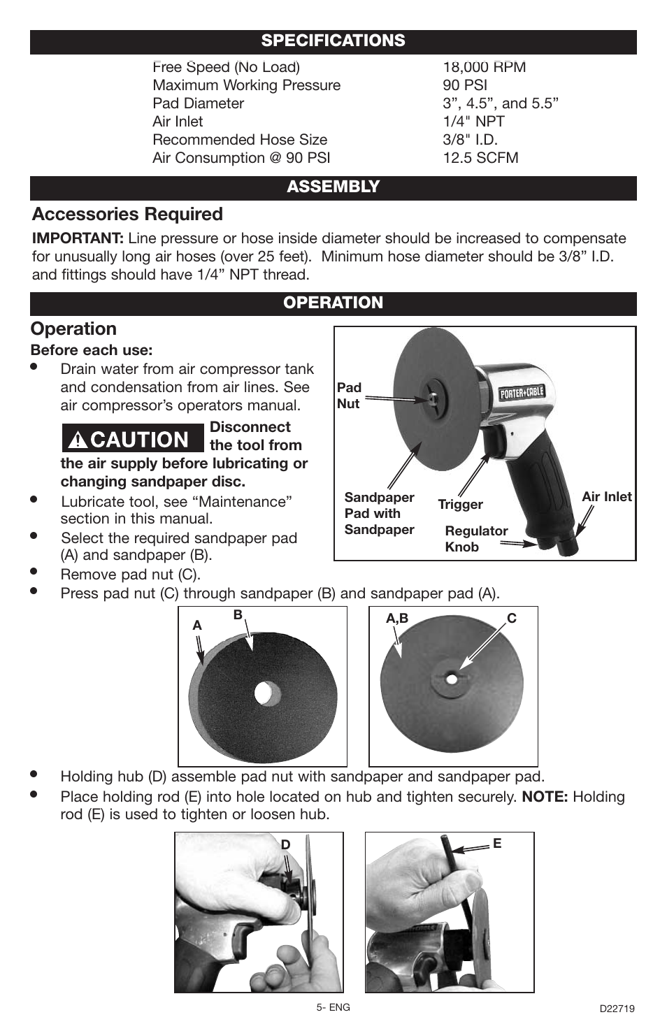 Accessories required, Operation, Assembly specifications operation | Porter-Cable PTS2 User Manual | Page 5 / 24