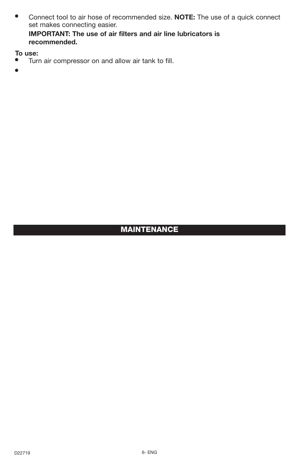 Maintenance, Turn air compressor on and allow air tank to fill | Porter-Cable PTS2 User Manual | Page 6 / 24