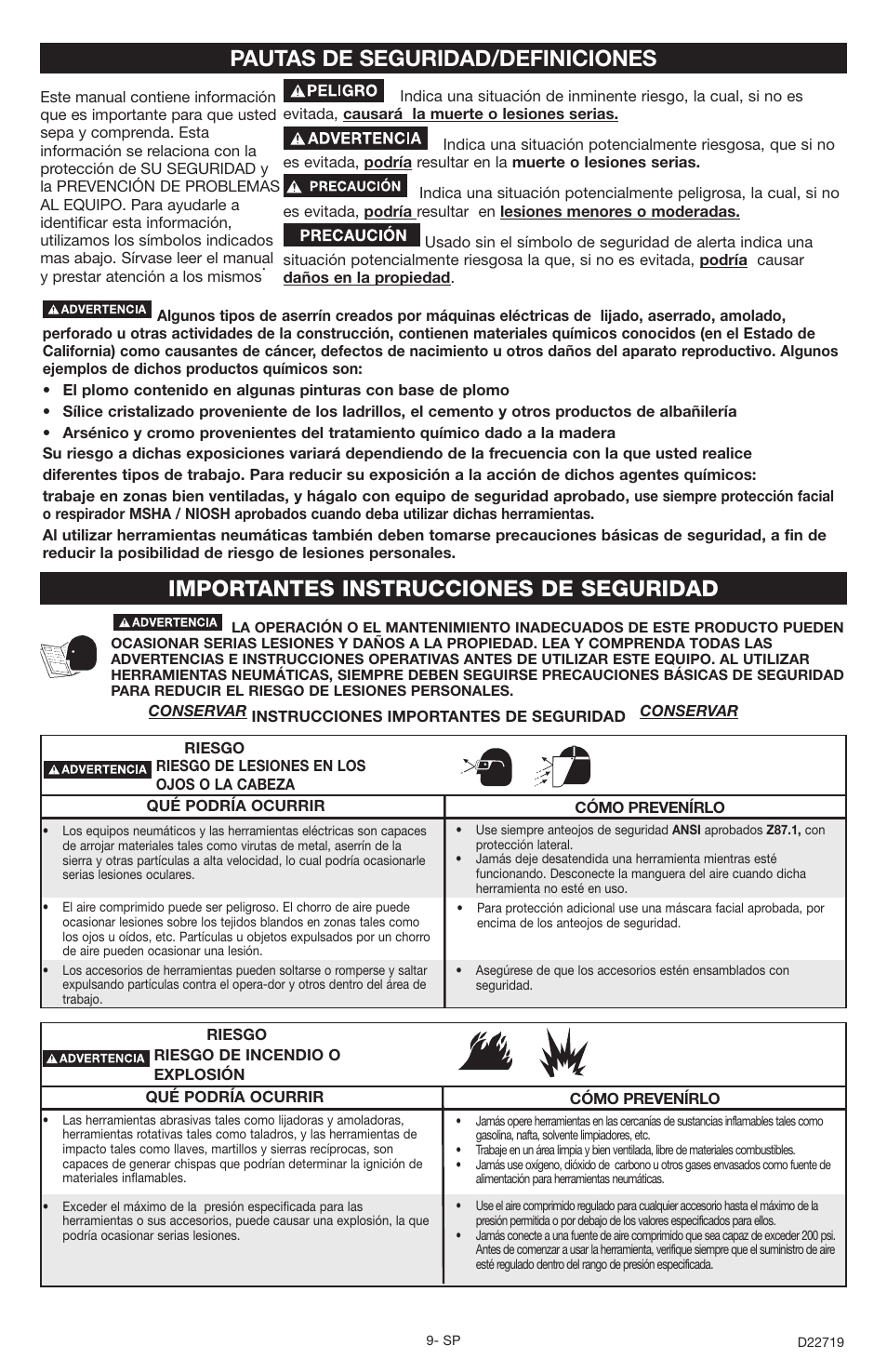 Pautas de seguridad/definiciones, Importantes instrucciones de seguridad | Porter-Cable PTS2 User Manual | Page 9 / 24