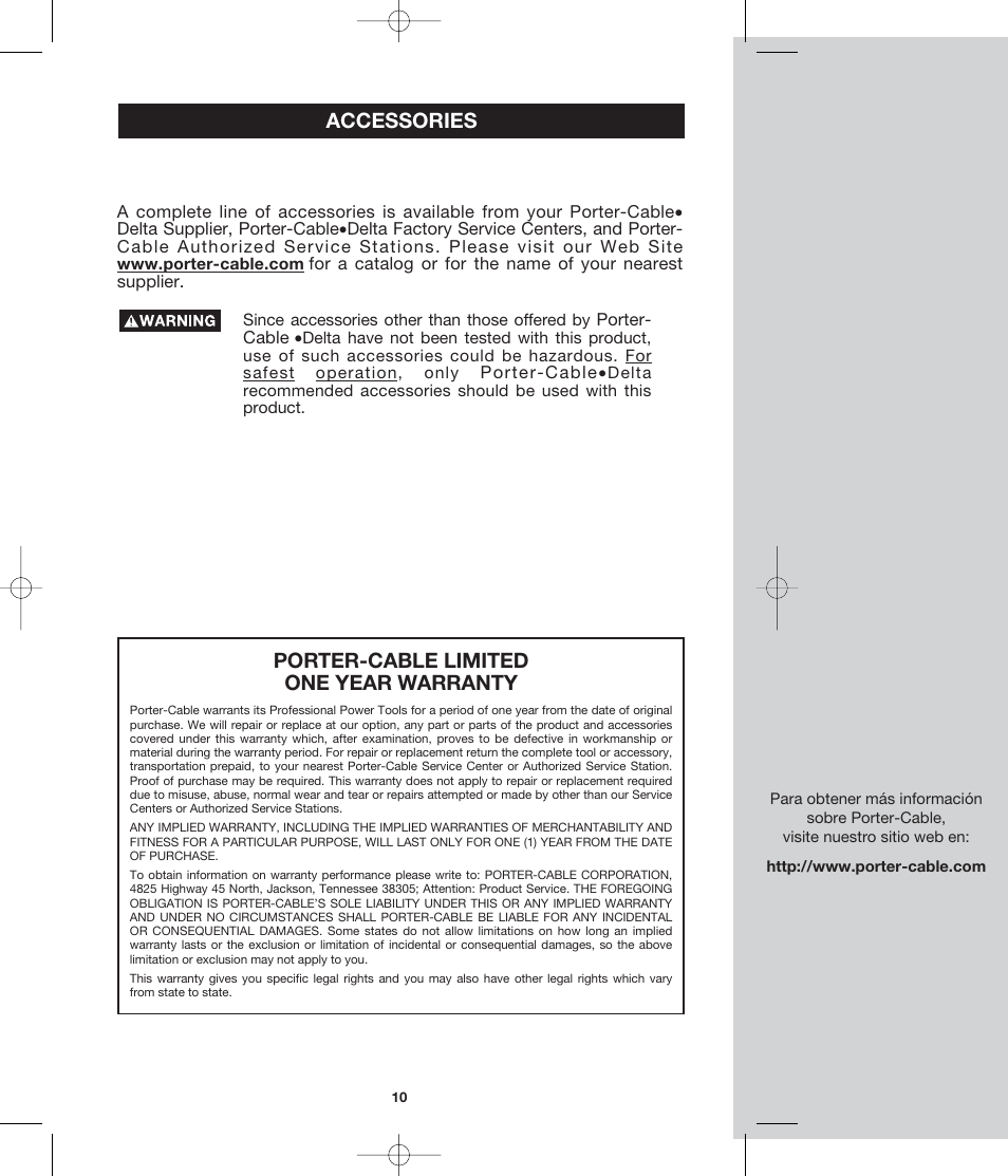 Porter-cable limited one year warranty, Accessories | Porter-Cable 4610 User Manual | Page 10 / 11