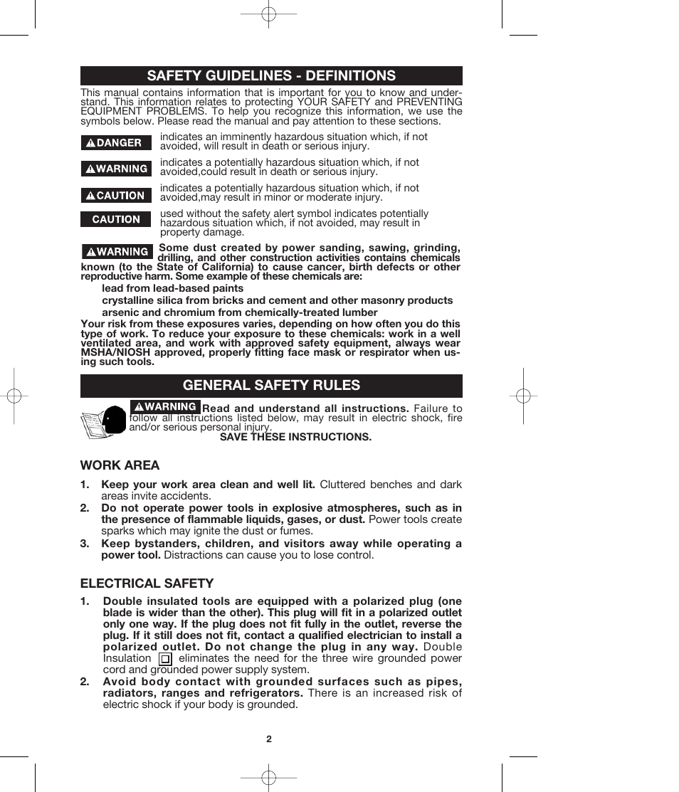 Safety guidelines - definitions, General safety rules, Work area | Electrical safety | Porter-Cable 4610 User Manual | Page 2 / 11