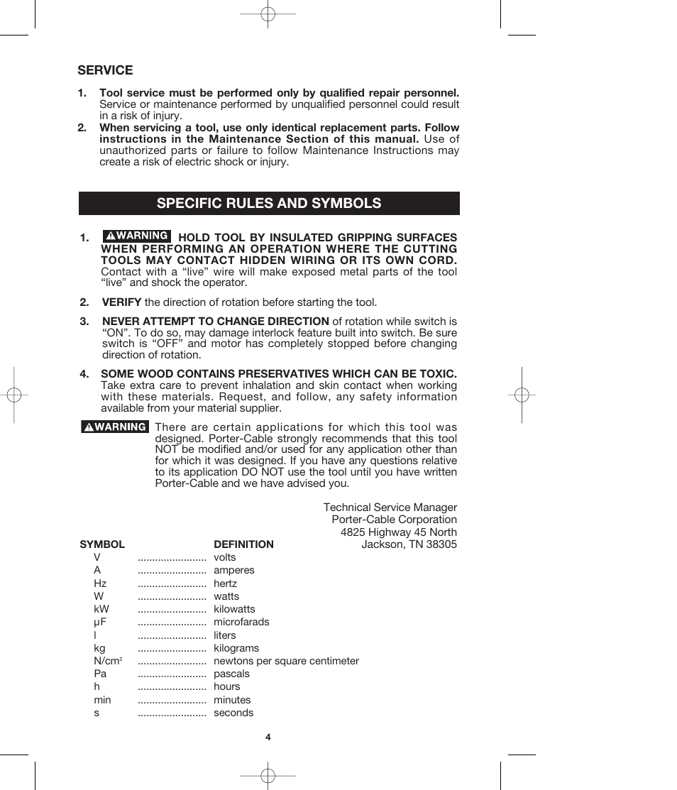 Specific rules and symbols, Service | Porter-Cable 4610 User Manual | Page 4 / 11
