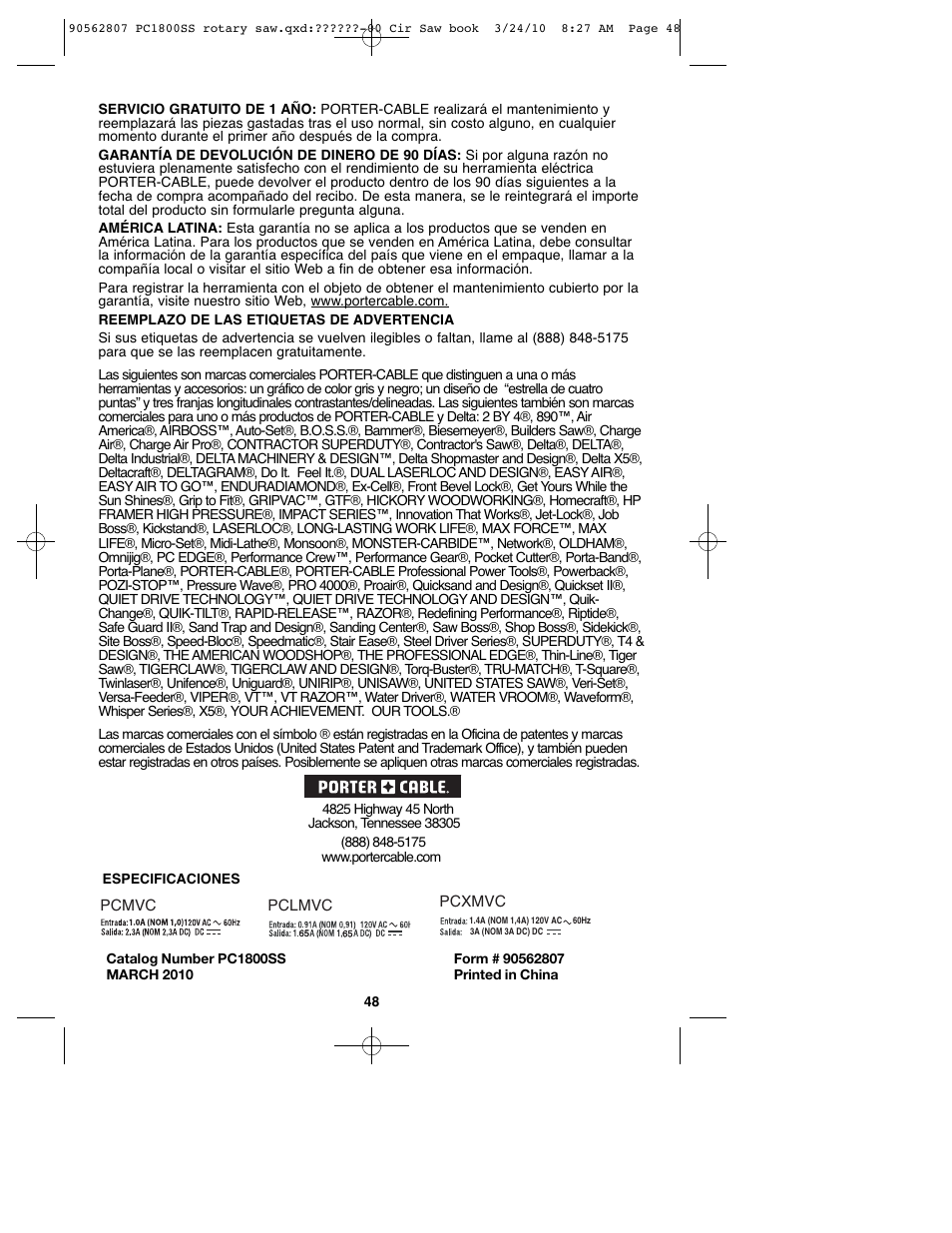 Porter-Cable 90562807 User Manual | Page 48 / 48