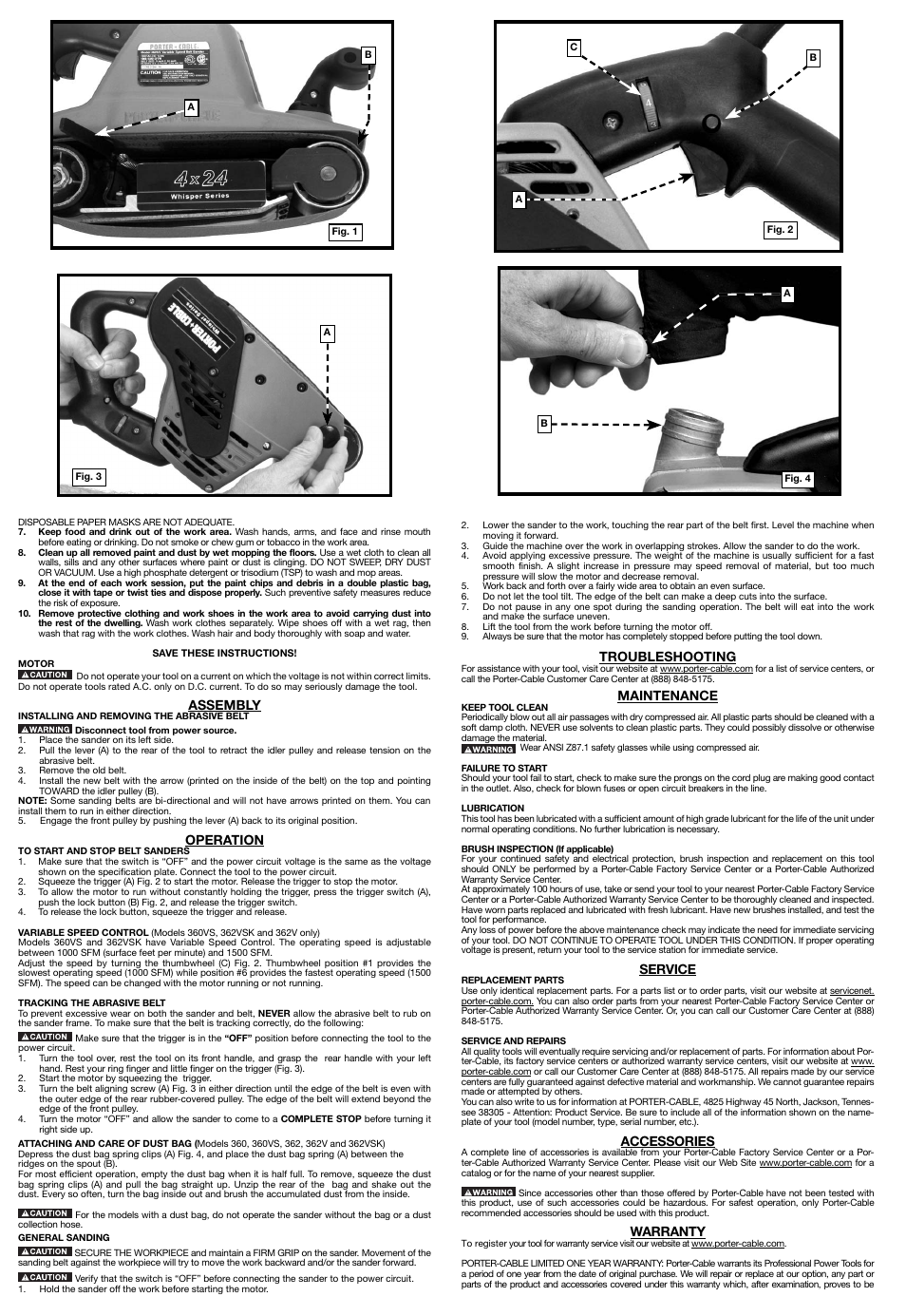 Assembly, Operation, Troubleshooting | Maintenance, Service, Accessories, Warranty | Porter-Cable 360VS User Manual | Page 2 / 6