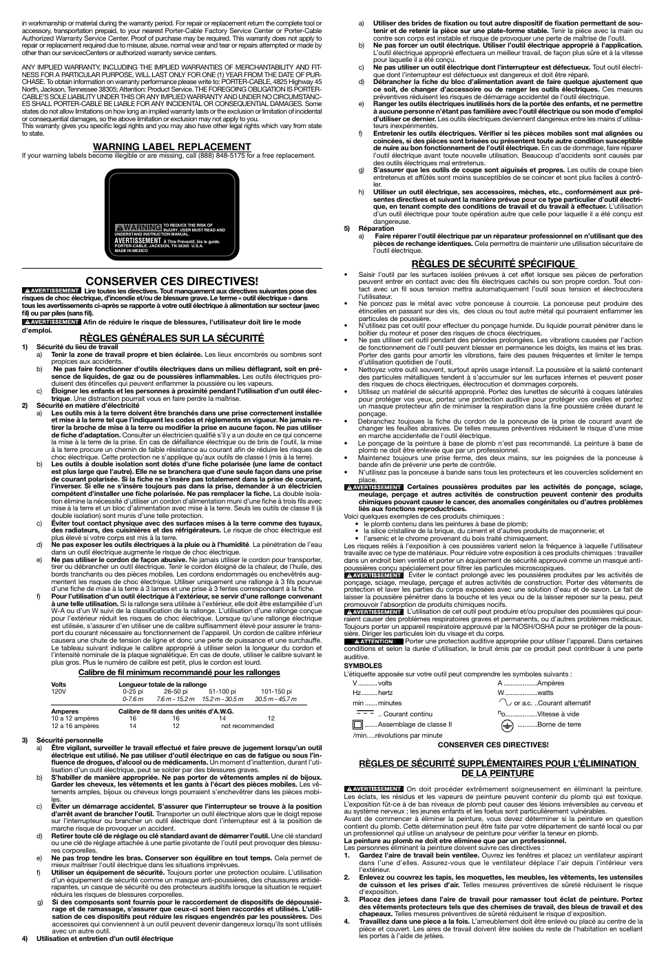 Conserver ces directives, Règles générales sur la sécurité, Règles de sécurité spécifique | Warning label replacement | Porter-Cable 360VS User Manual | Page 3 / 6