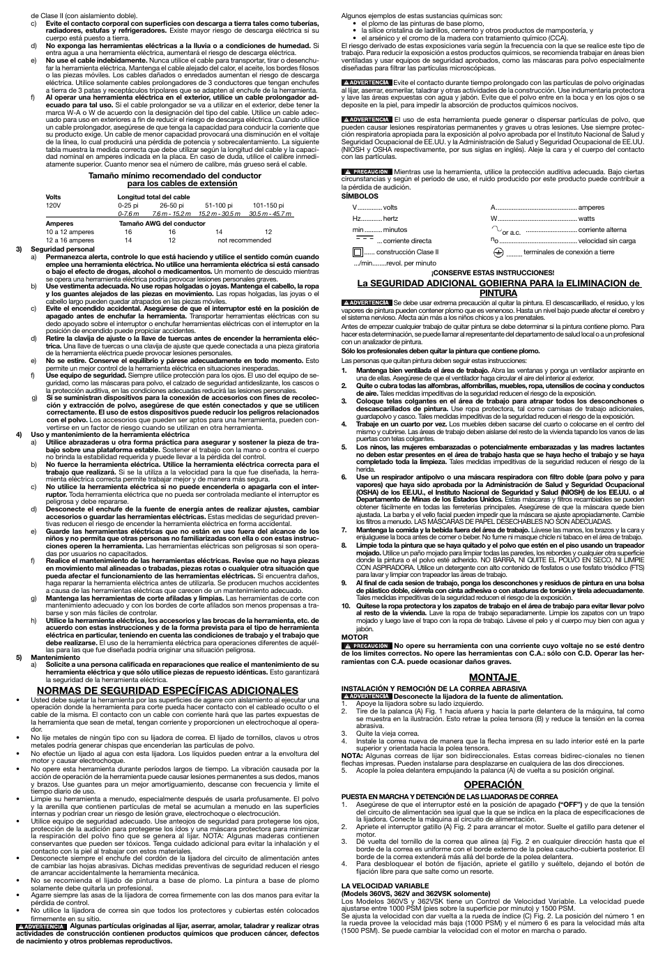 Normas de seguridad específicas adicionales, Montaje, Operación | Porter-Cable 360VS User Manual | Page 5 / 6