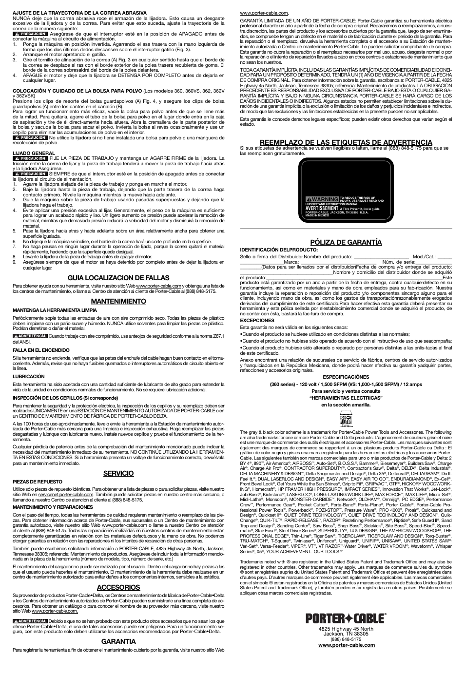 Guia localizacion de fallas, Mantenimiento, Servicio | Accesorios, Garantia, Reemplazo de las etiquetas de advertencia, Póliza de garantía | Porter-Cable 360VS User Manual | Page 6 / 6