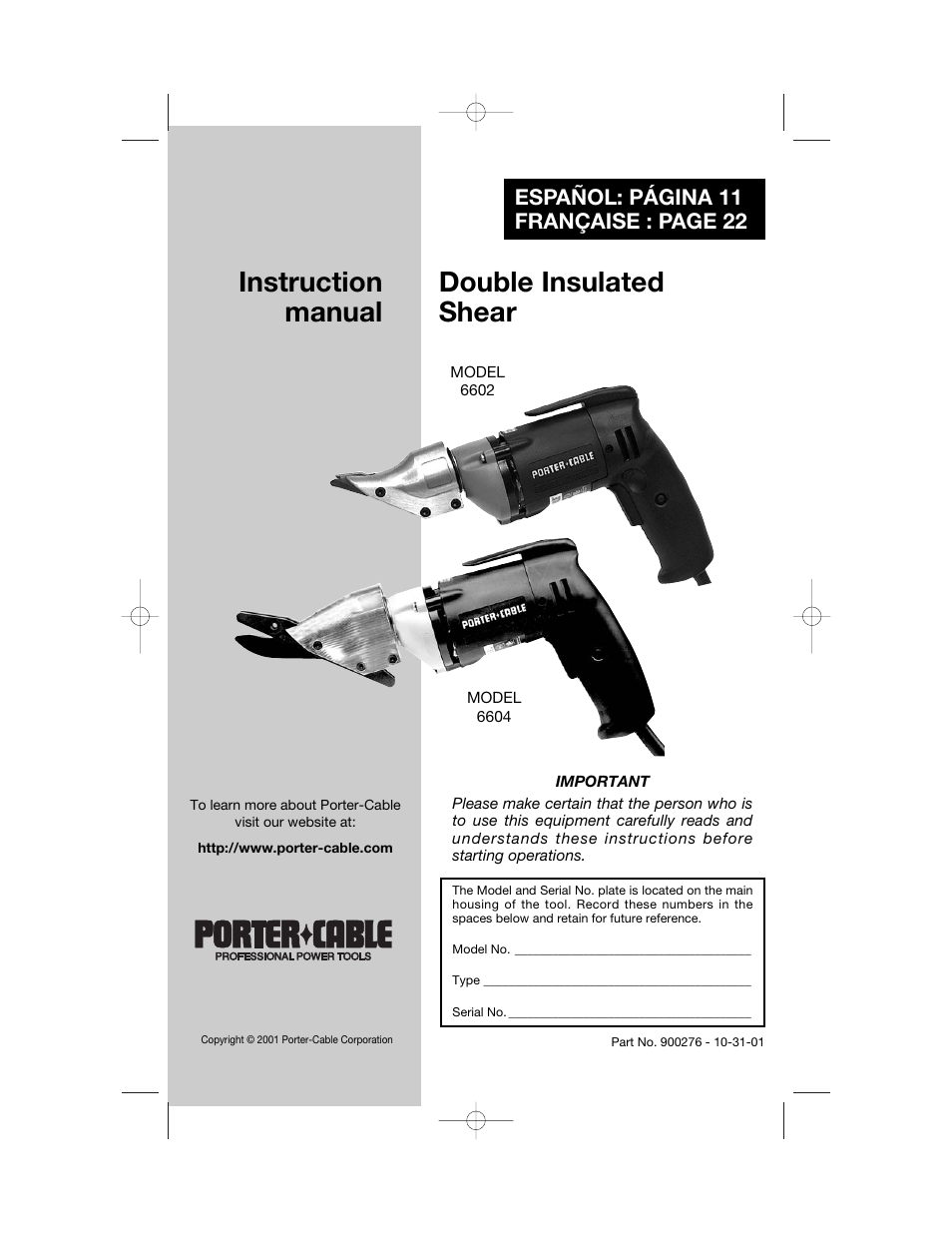 Porter-Cable 900276 User Manual | 11 pages