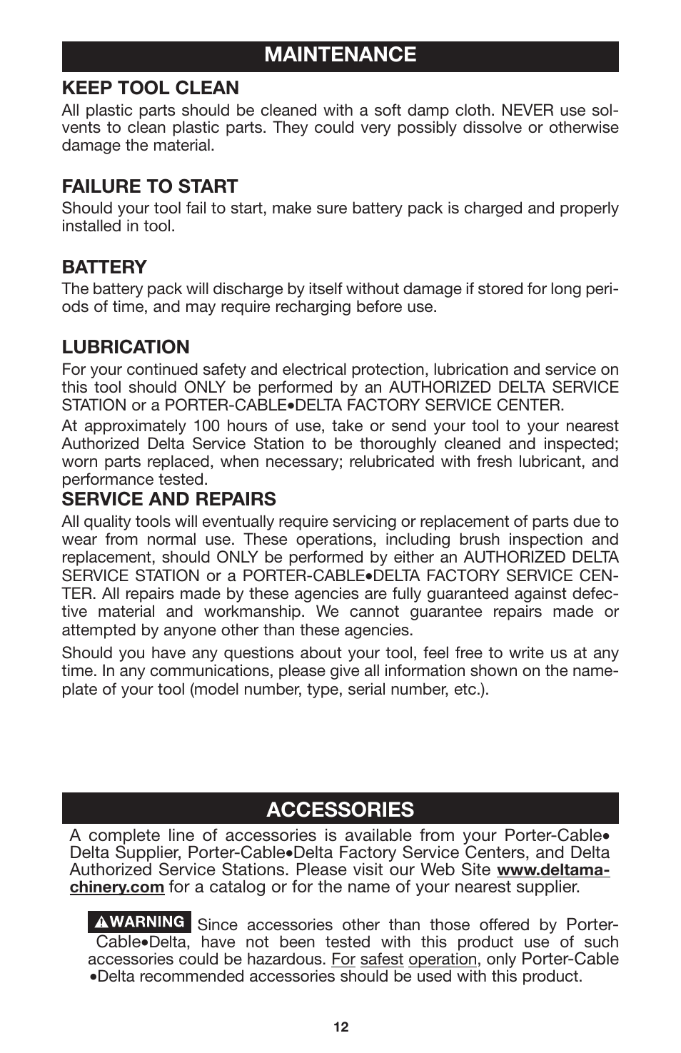 Accessories, Maintenance | Porter-Cable CL180PS User Manual | Page 12 / 15