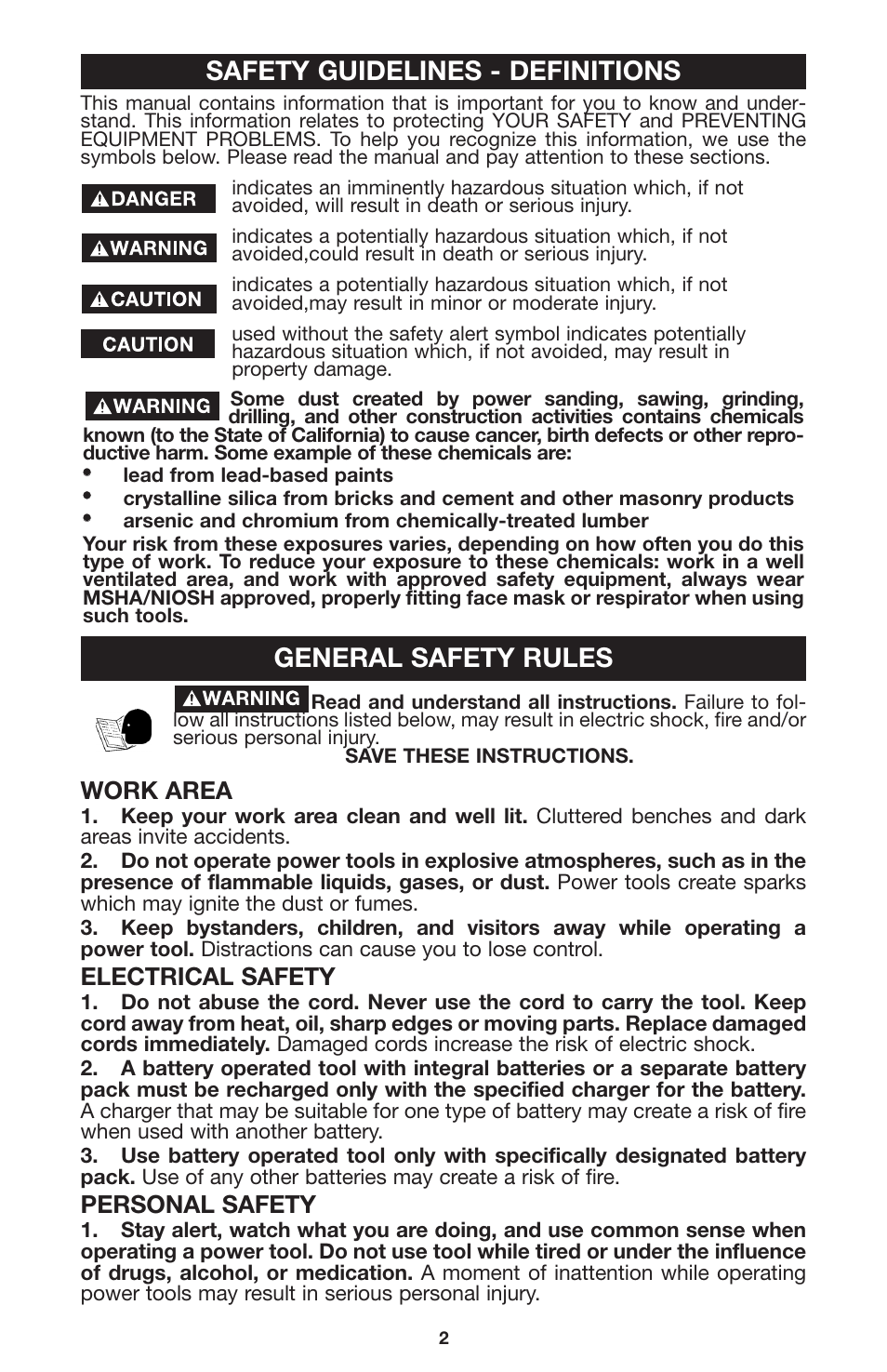 Safety guidelines - definitions, General safety rules, Work area | Electrical safety, Personal safety | Porter-Cable CL180PS User Manual | Page 2 / 15