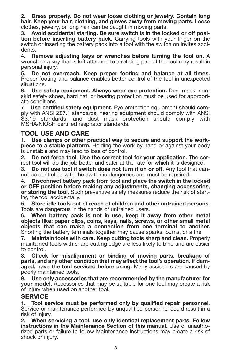 Tool use and care, Service | Porter-Cable CL180PS User Manual | Page 3 / 15