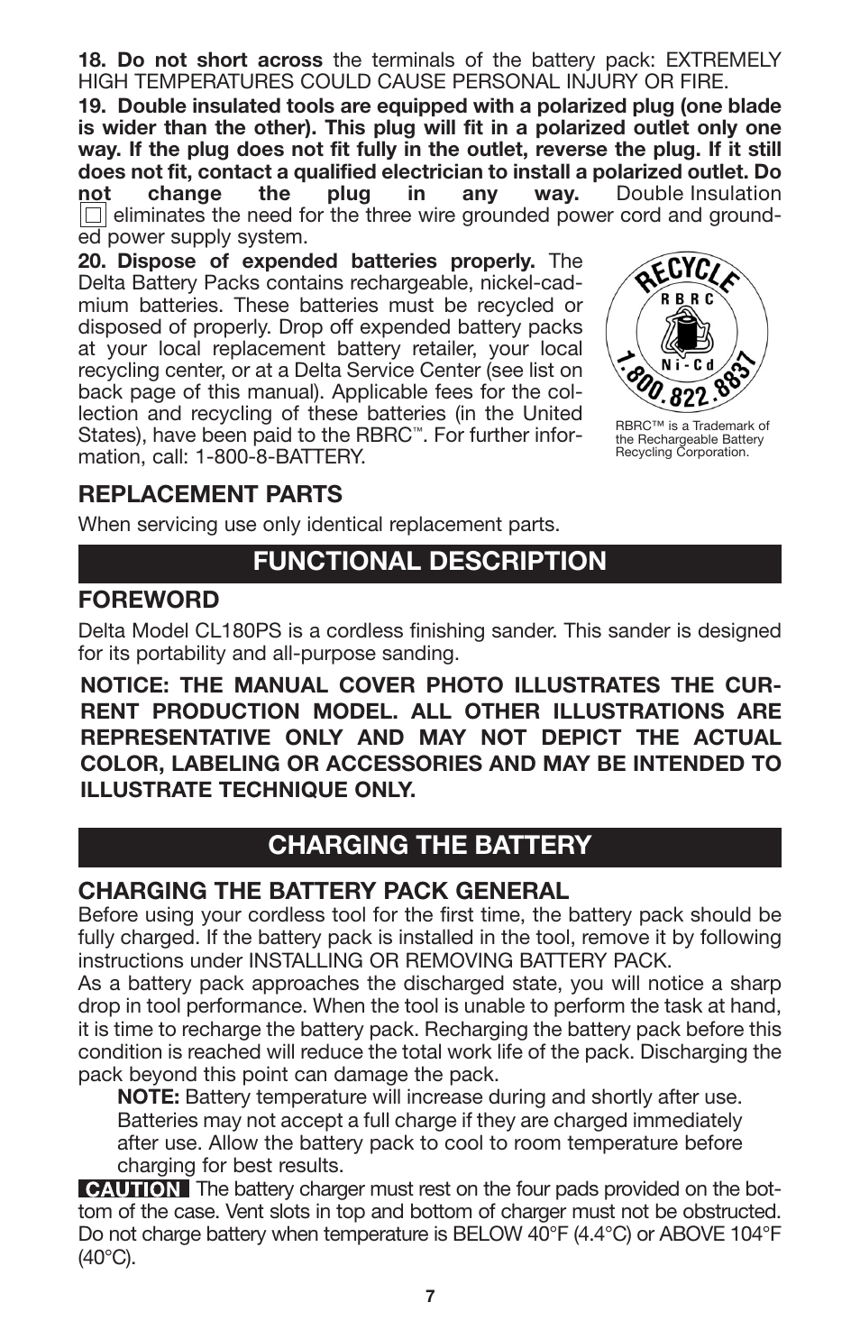 Functional description, Charging the battery, Replacement parts | Foreword, Charging the battery pack general | Porter-Cable CL180PS User Manual | Page 7 / 15