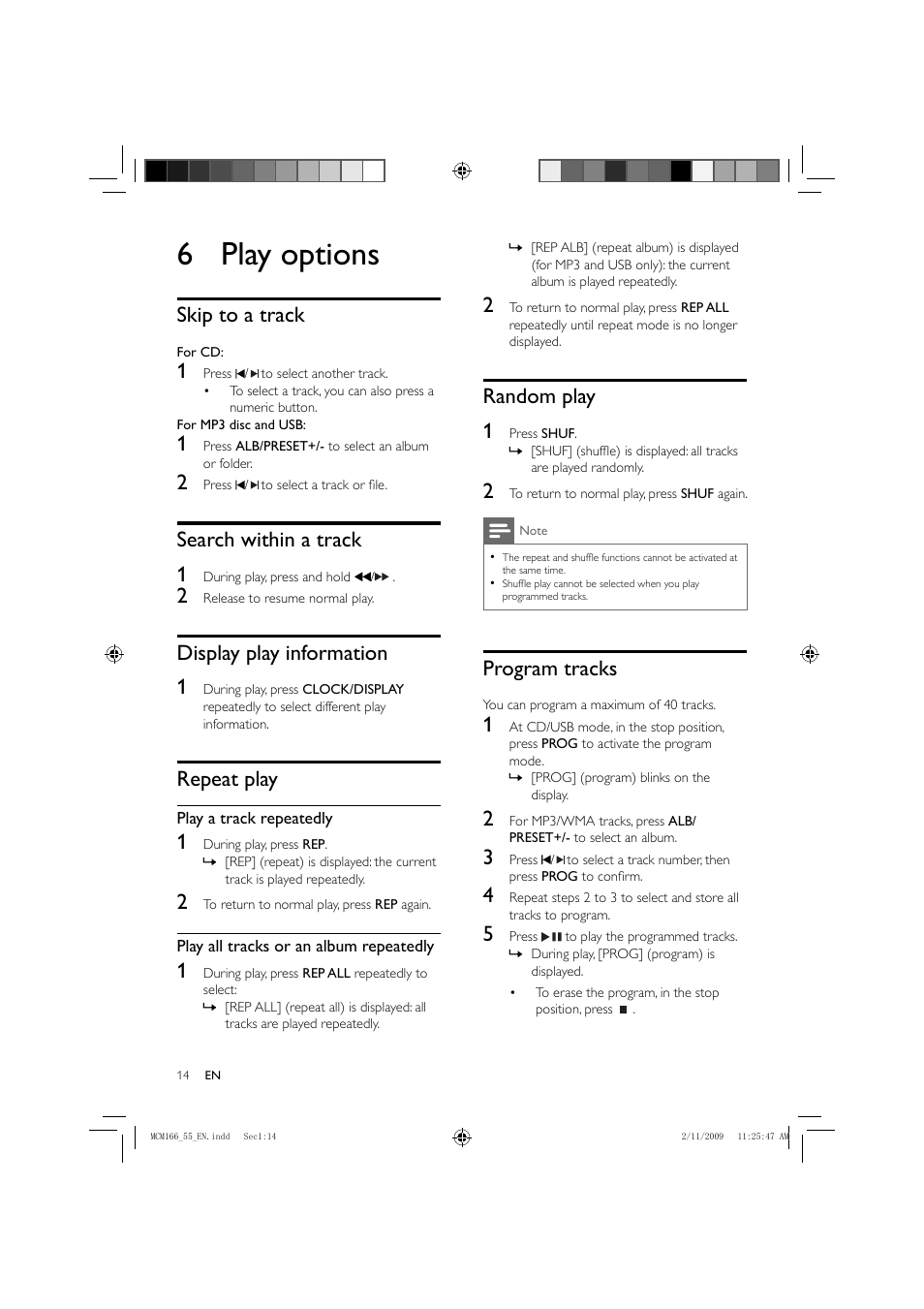 6 play options, Random play 1, Program tracks | Skip to a track, Search within a track 1, Display play information 1, Repeat play | Porter-Cable MCM155 User Manual | Page 15 / 30