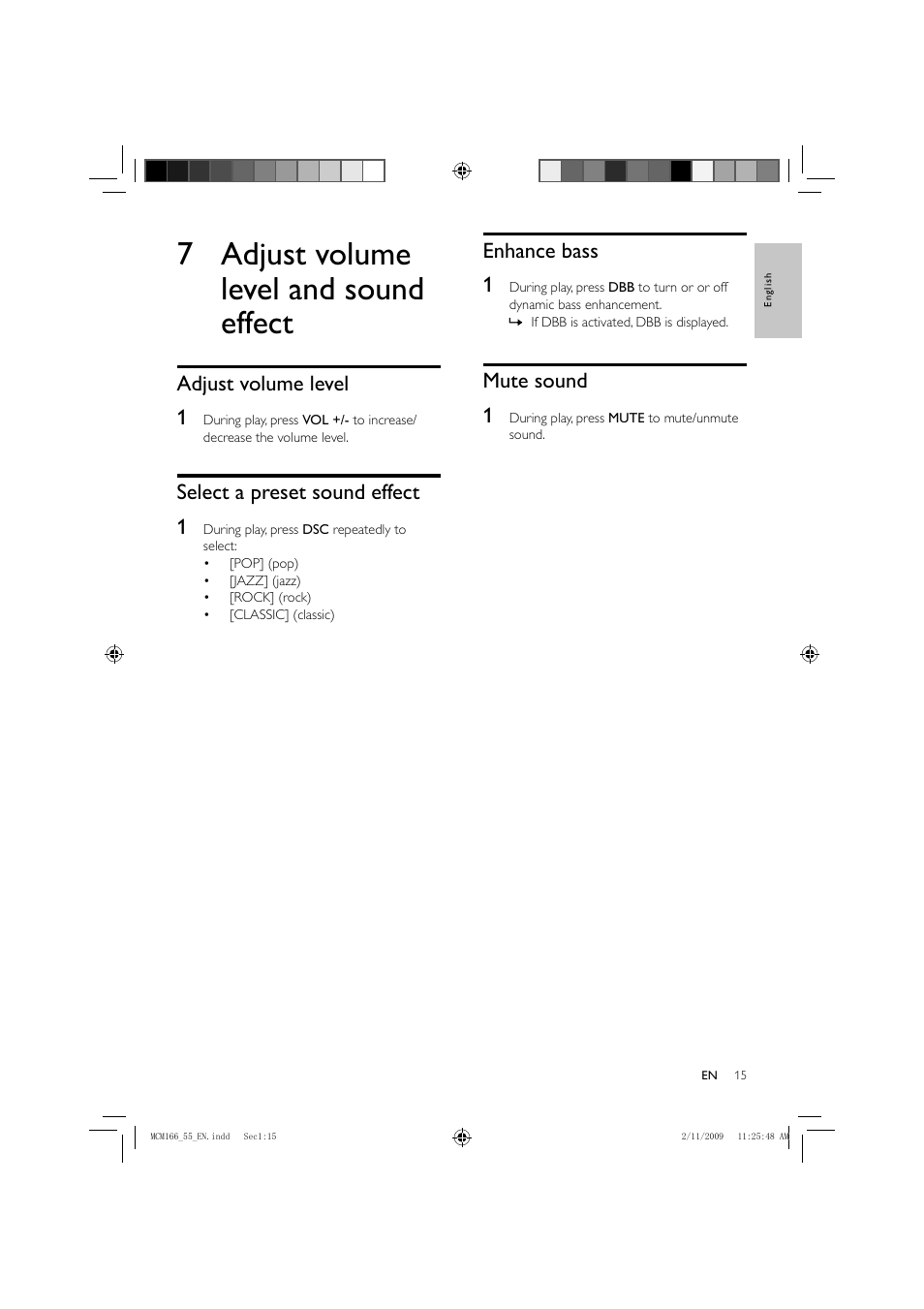 7 adjust volume level and sound effect, Enhance bass 1, Mute sound 1 | Adjust volume level 1, Select a preset sound effect 1 | Porter-Cable MCM155 User Manual | Page 16 / 30