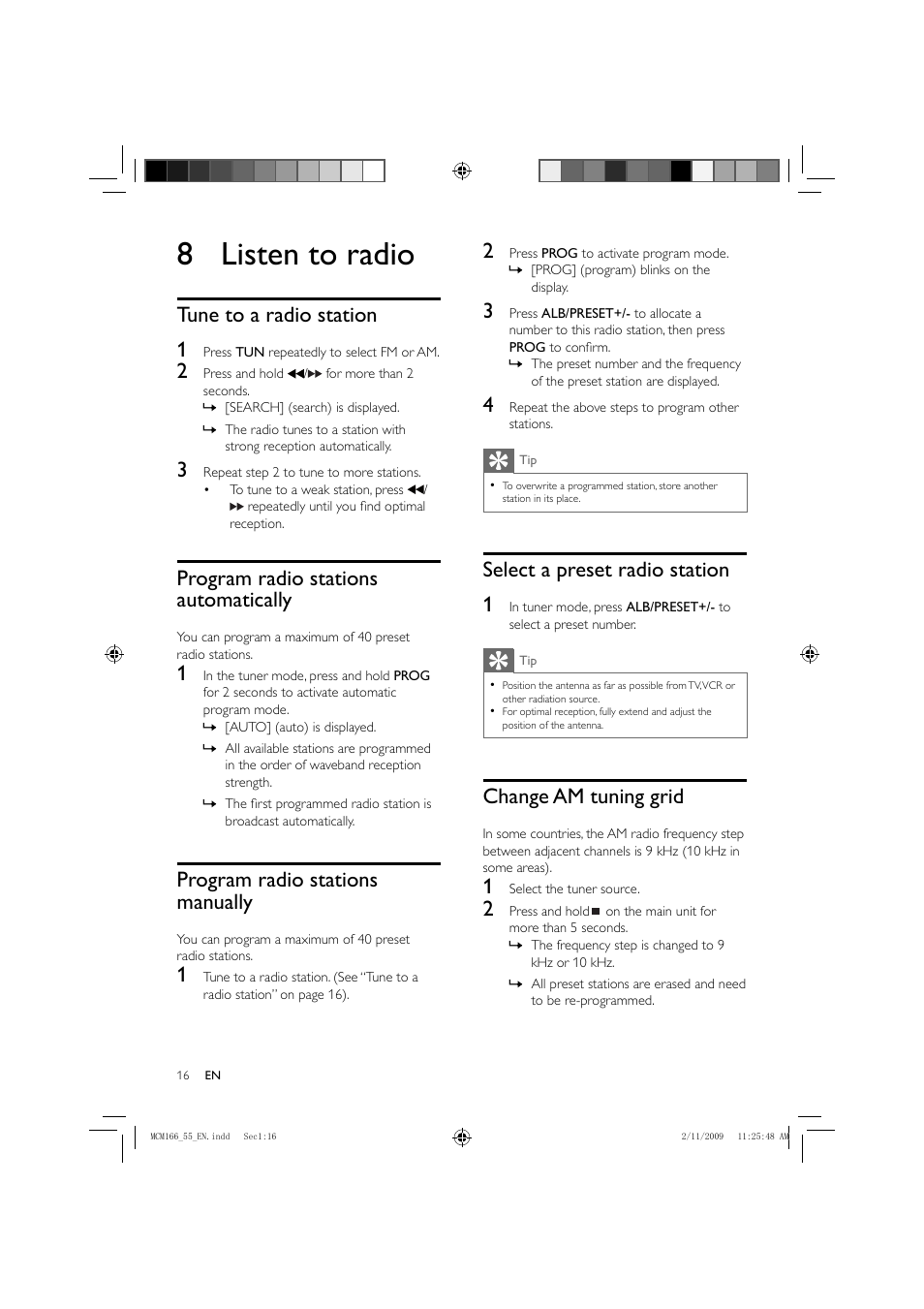 8 listen to radio, Select a preset radio station 1, Change am tuning grid | Tune to a radio station 1, Program radio stations automatically, Program radio stations manually | Porter-Cable MCM155 User Manual | Page 17 / 30