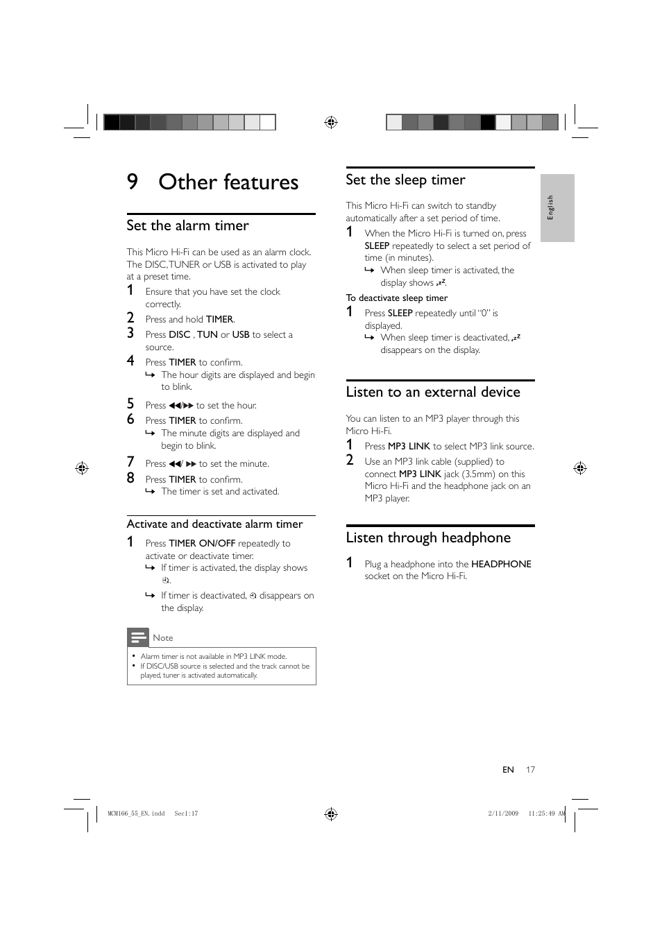 9 other features, Set the sleep timer, Listen to an external device | Listen through headphone 1, Set the alarm timer | Porter-Cable MCM155 User Manual | Page 18 / 30