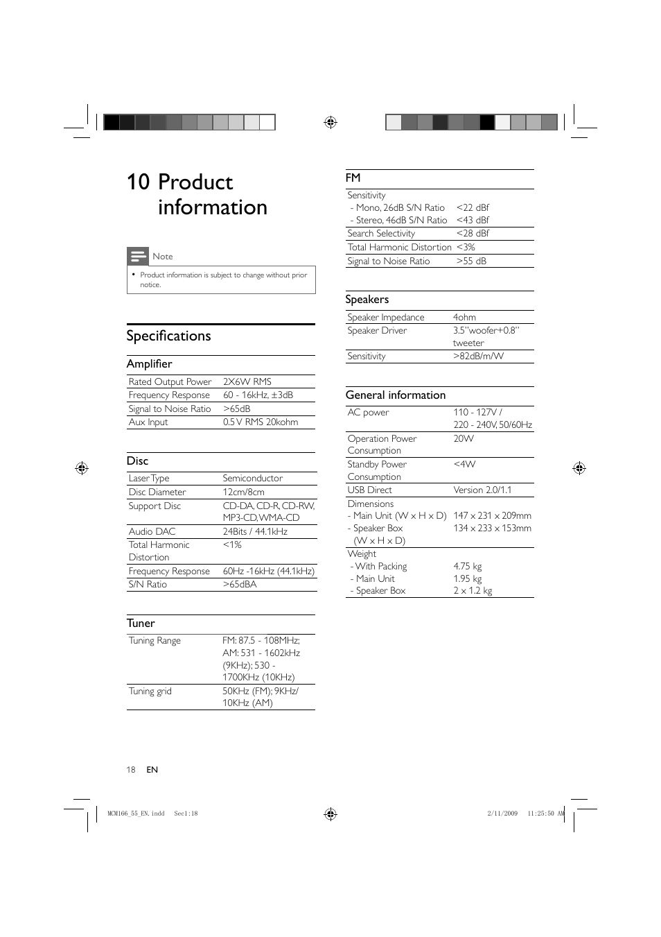 10 product information, Specifi cations | Porter-Cable MCM155 User Manual | Page 19 / 30