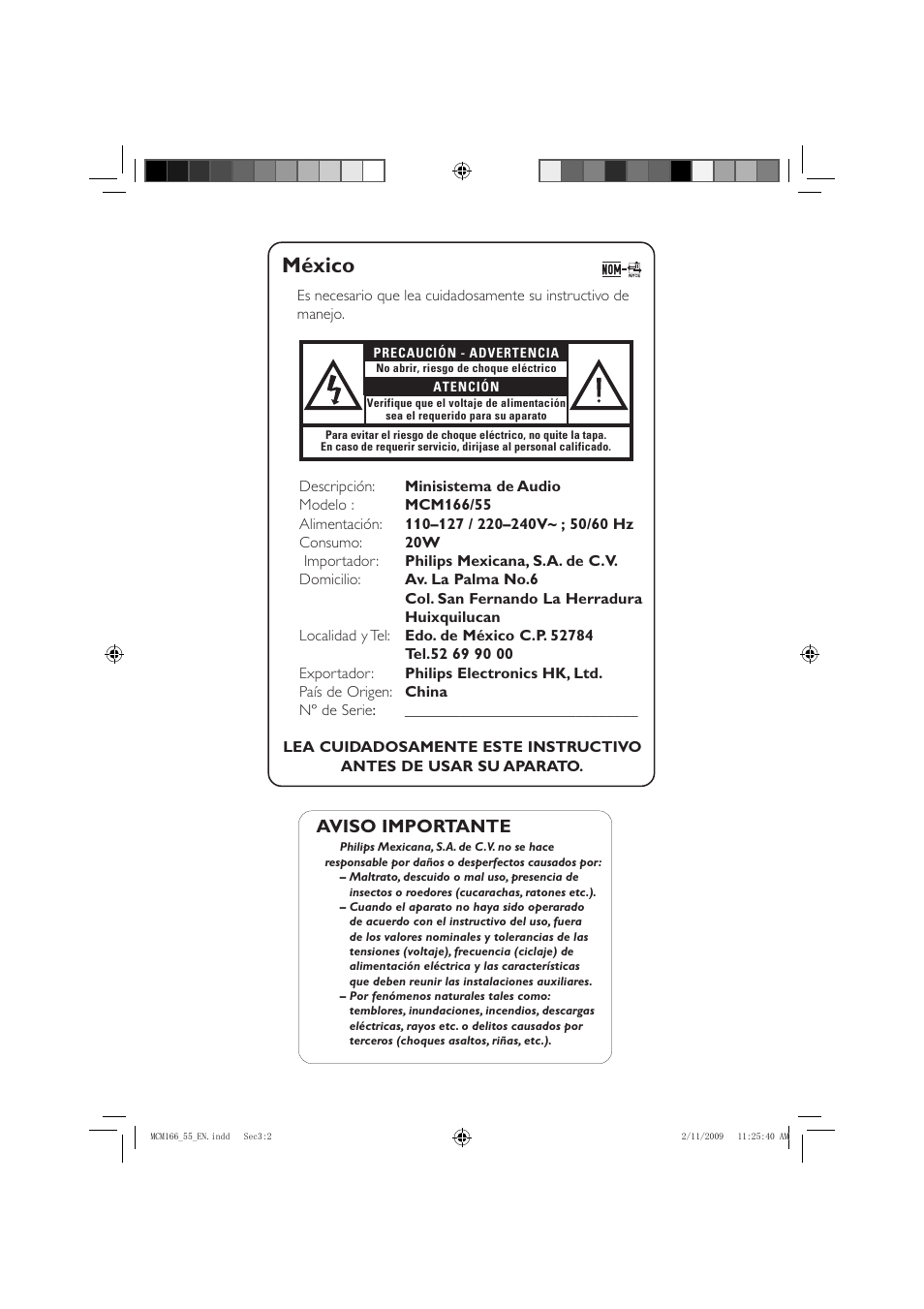 México, Aviso importante | Porter-Cable MCM155 User Manual | Page 2 / 30