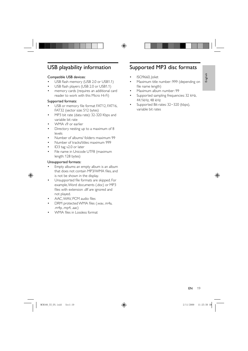 Supported mp3 disc formats, Usb playability information | Porter-Cable MCM155 User Manual | Page 20 / 30