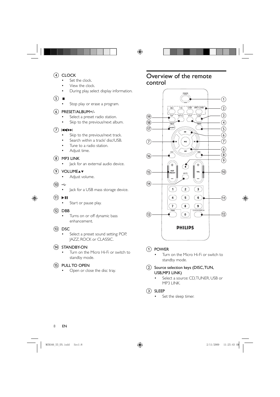 Overview of the remote control | Porter-Cable MCM155 User Manual | Page 9 / 30