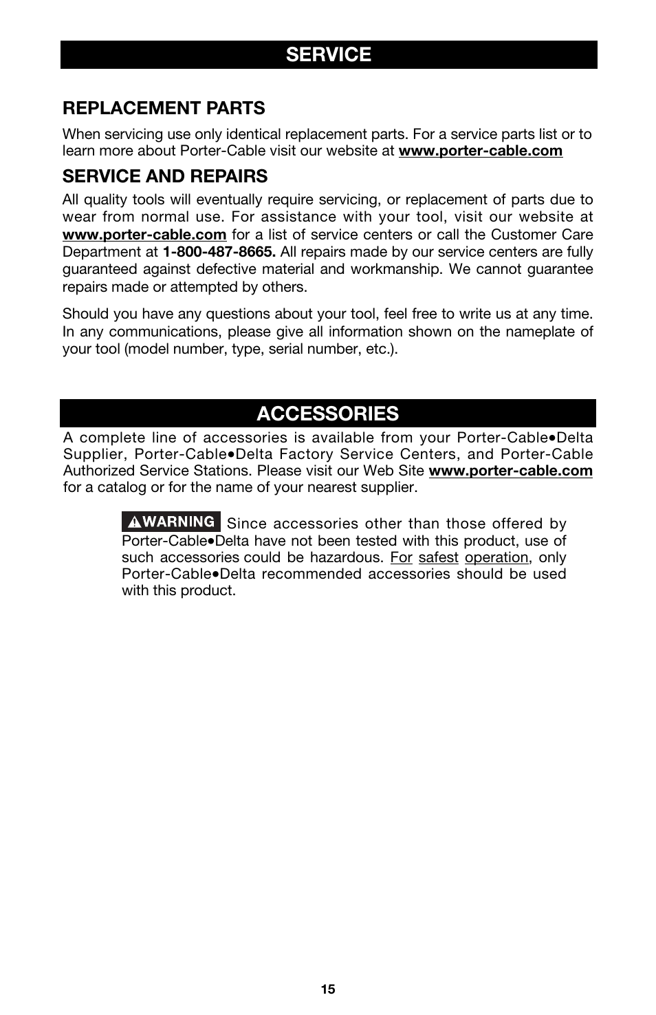 Accessories, Service, Replacement parts | Service and repairs | Porter-Cable 7751 User Manual | Page 15 / 17