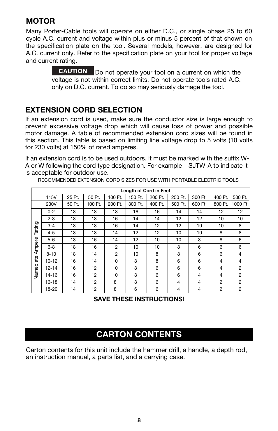 Carton contents, Extension cord selection, Motor | Save these instructions | Porter-Cable 7751 User Manual | Page 8 / 17