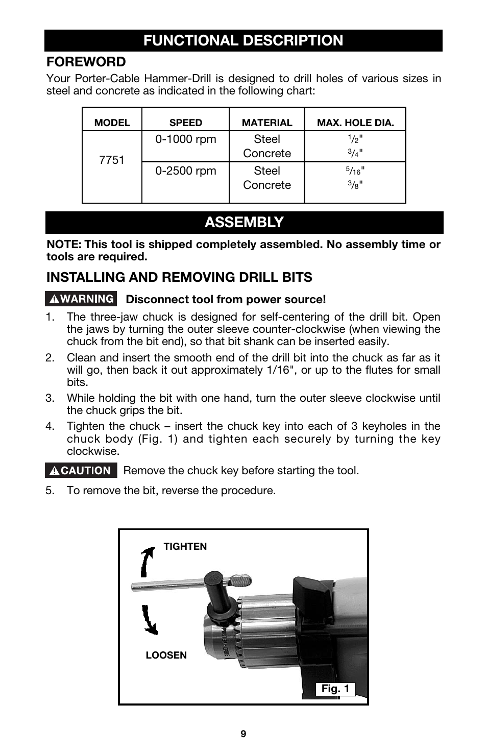 Functional description assembly, Foreword, Installing and removing drill bits | Porter-Cable 7751 User Manual | Page 9 / 17