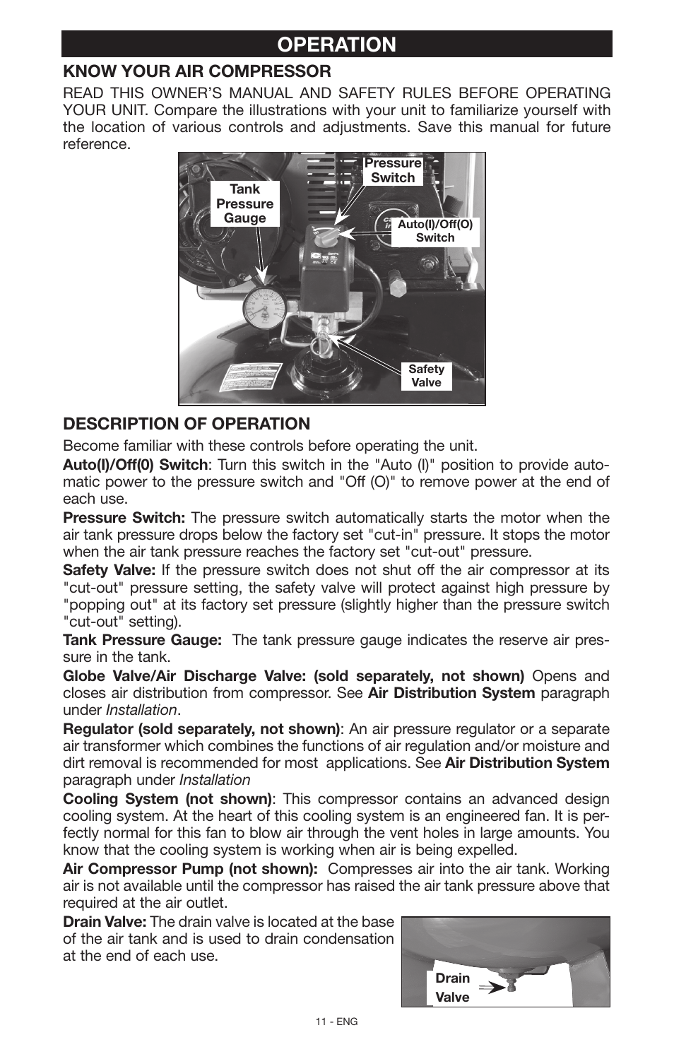 Operation, Know your air compressor, Description of operation | Porter-Cable N028591 User Manual | Page 11 / 80