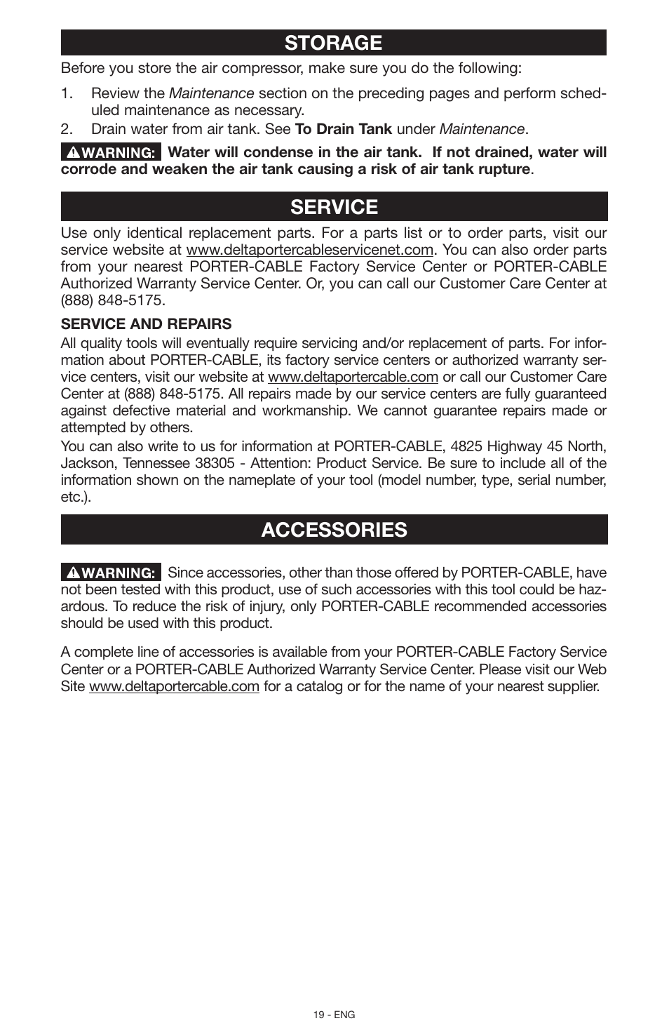 Storage, Service, Accessories | Replacement parts | Porter-Cable N028591 User Manual | Page 19 / 80