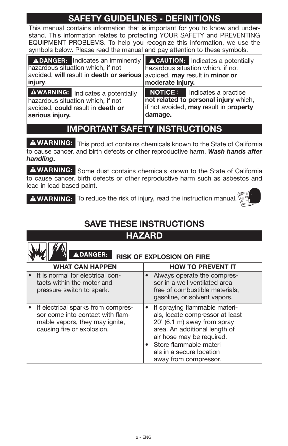 Safety guidelines - definitions, Important safety instructions, Save these instructions hazard | Porter-Cable N028591 User Manual | Page 2 / 80