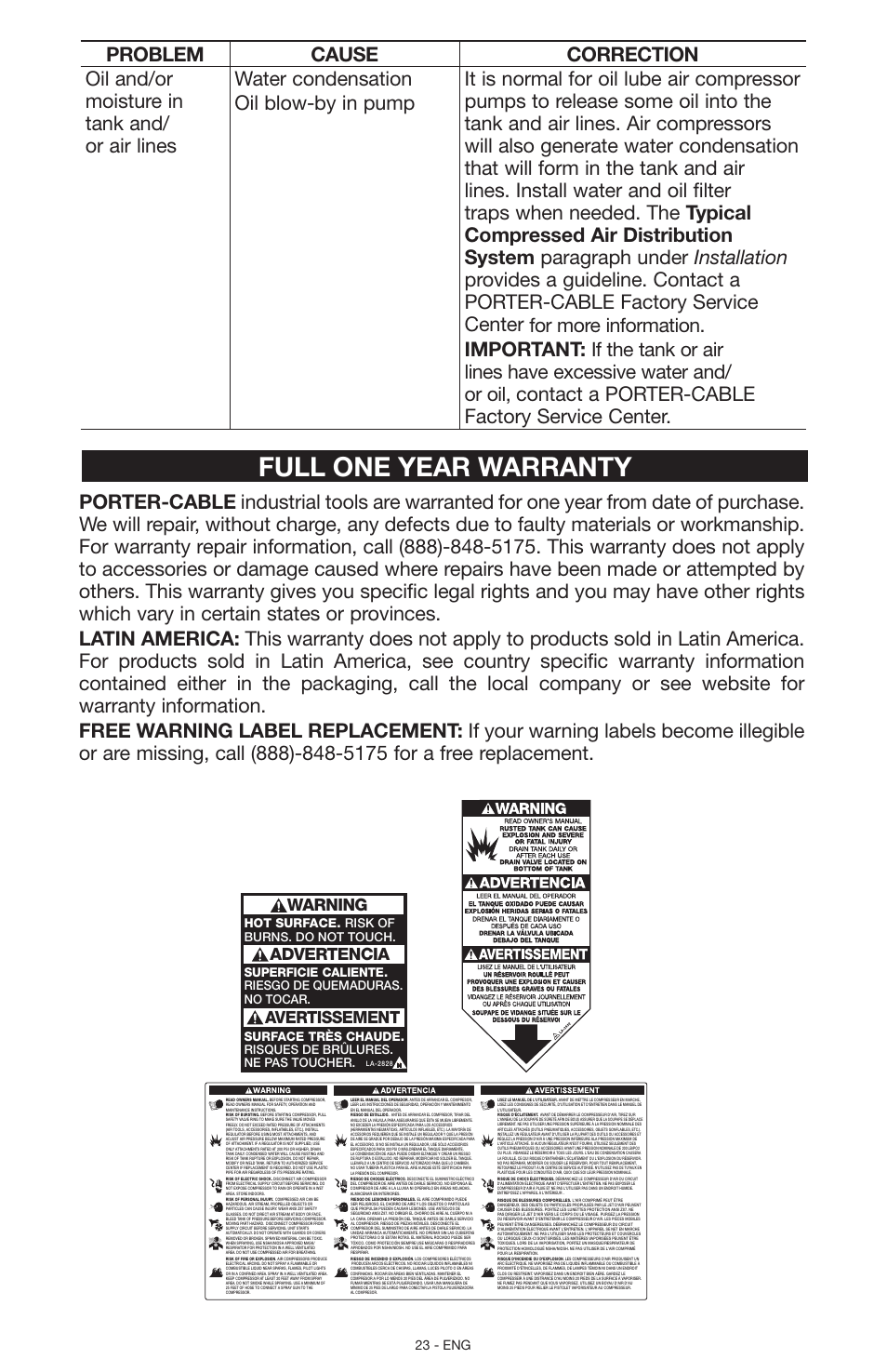 Full one year warranty, Warning, Advertencia avertissement | 23 - eng | Porter-Cable N028591 User Manual | Page 23 / 80