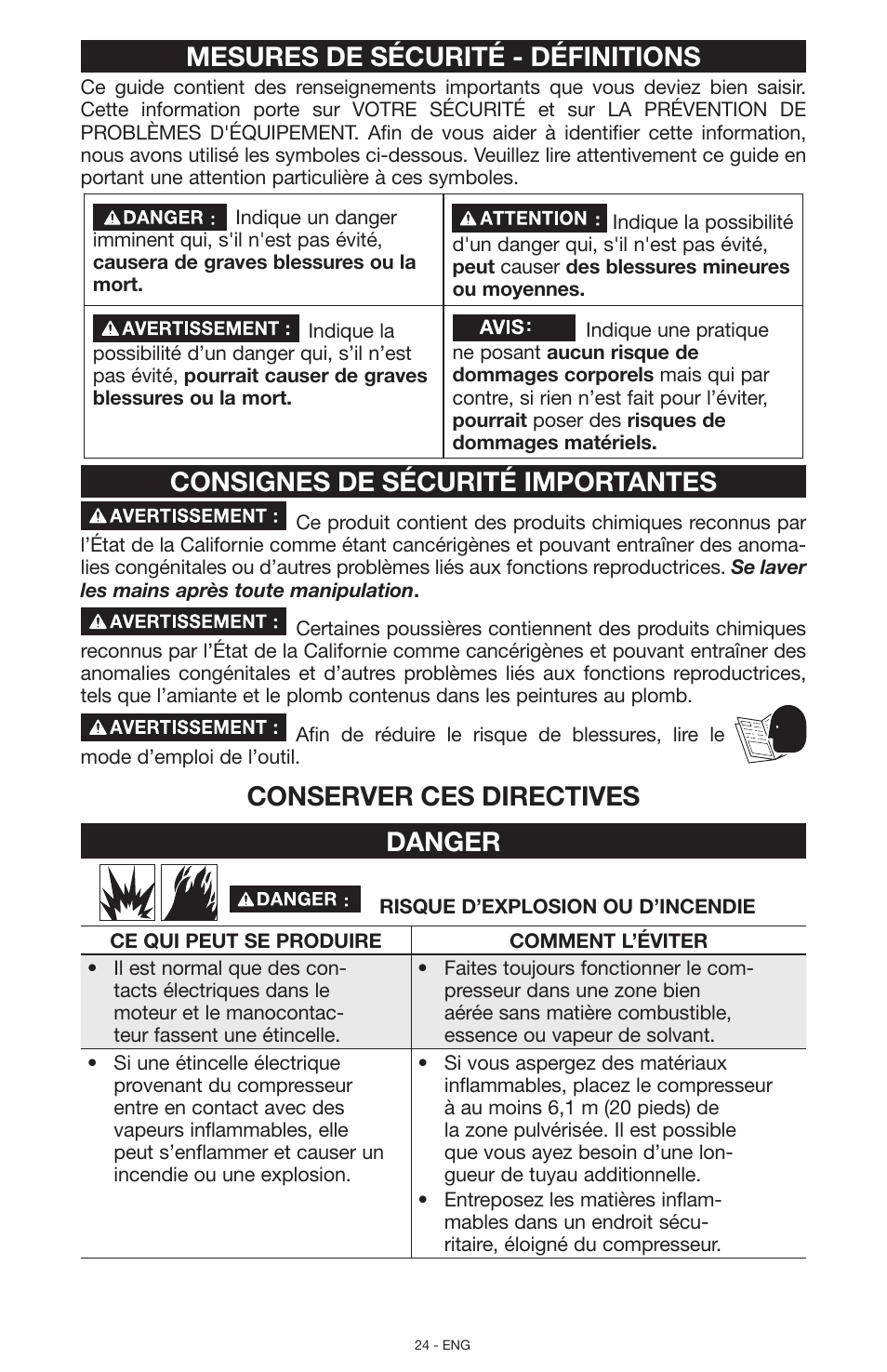 Mesures de sécurité - définitions, Consignes de sécurité importantes, Conserver ces directives danger | Porter-Cable N028591 User Manual | Page 24 / 80